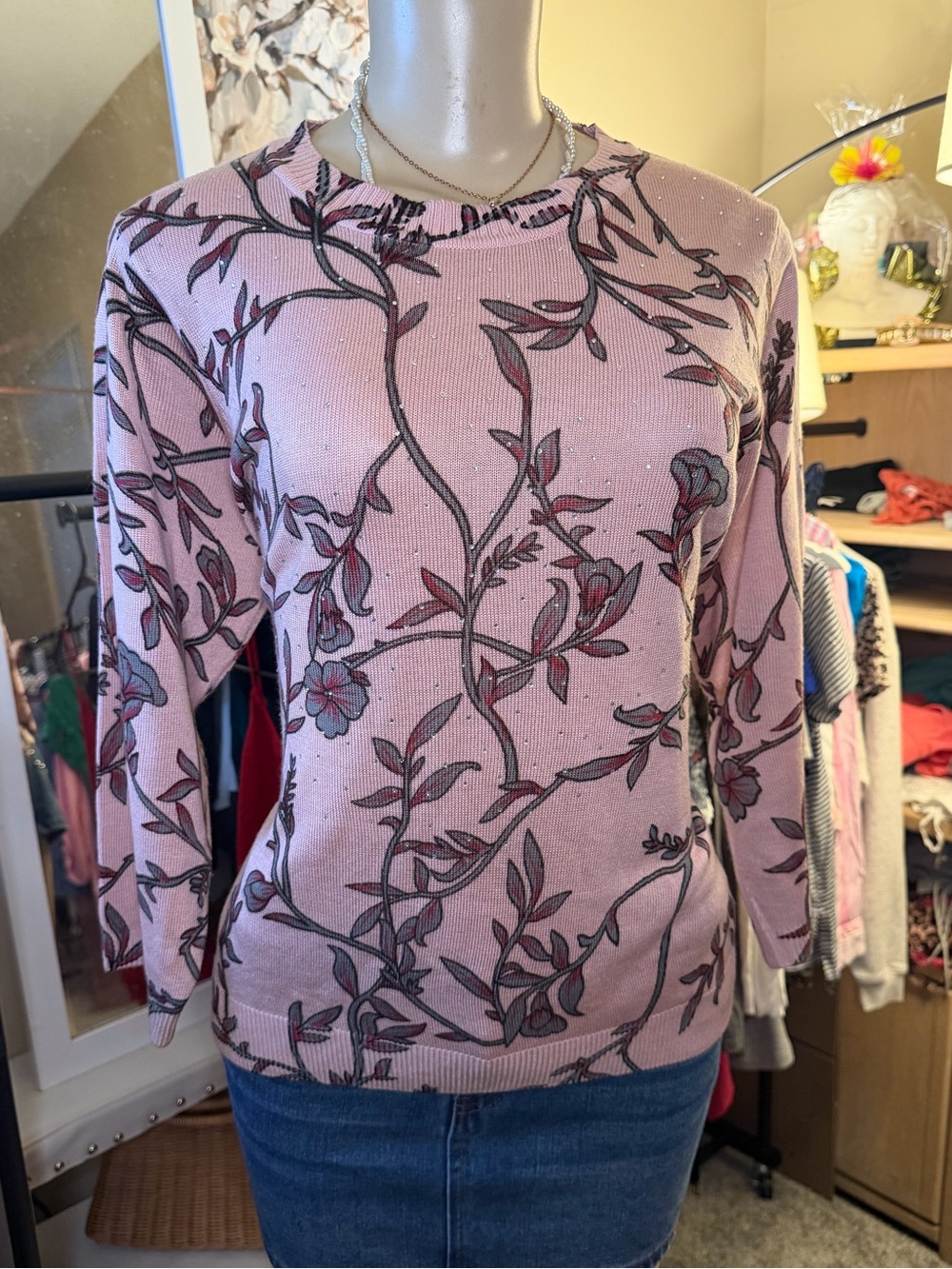 Rebecca Malone Floral Knit Sweater Size PL Pink Shimmer Blouse